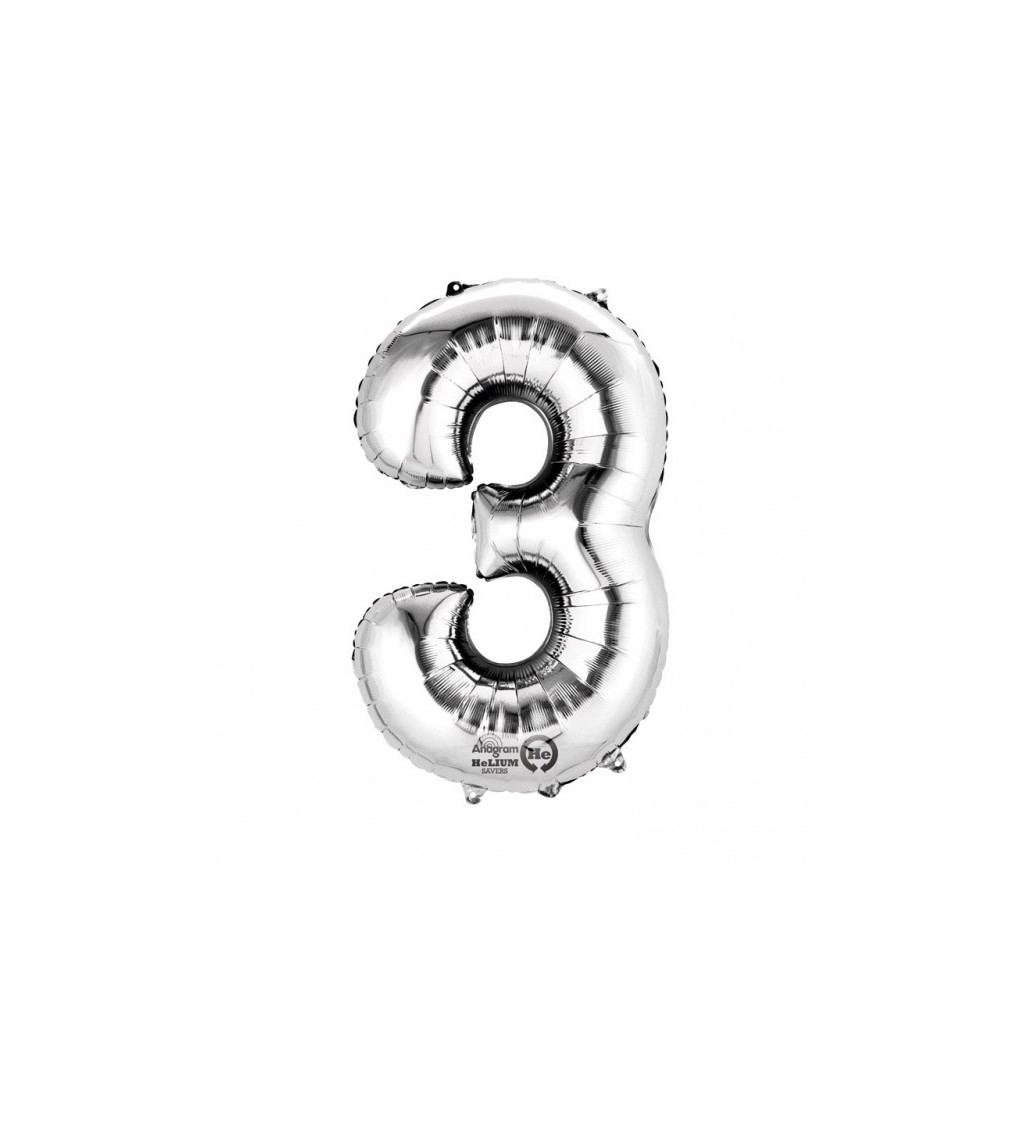 Fóliový balónek stříbrný - malé číslo 3