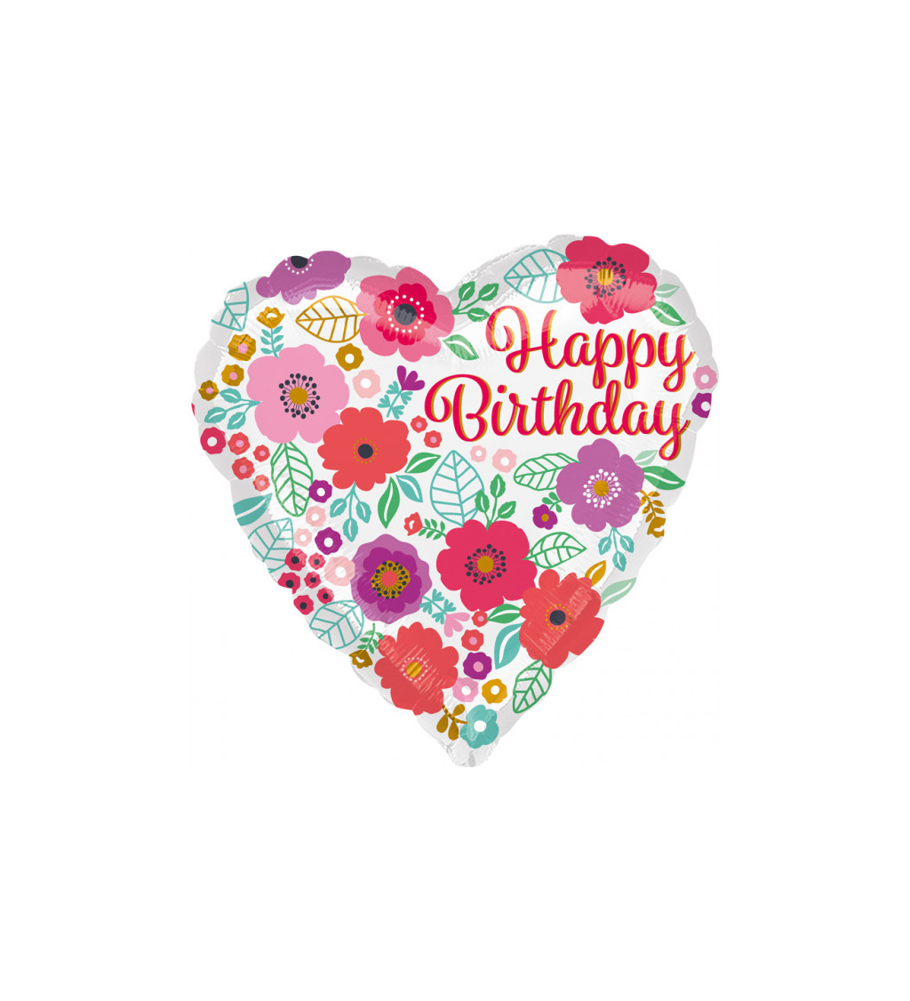 Fóliový balónek Happy Birthday - květinové srdce