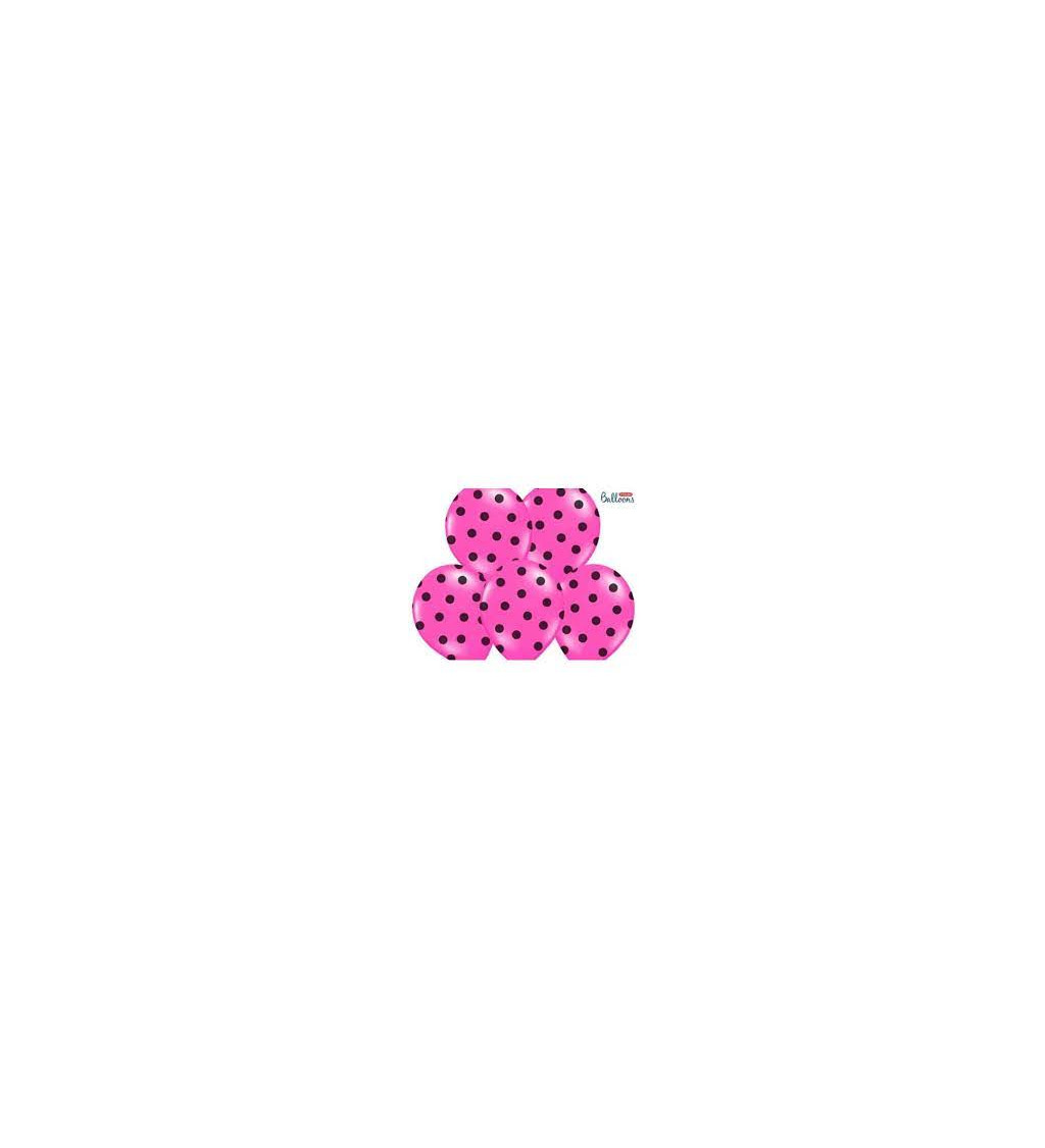 Balónek pastelový tmavě růžový - černé puntíky - 6 ks